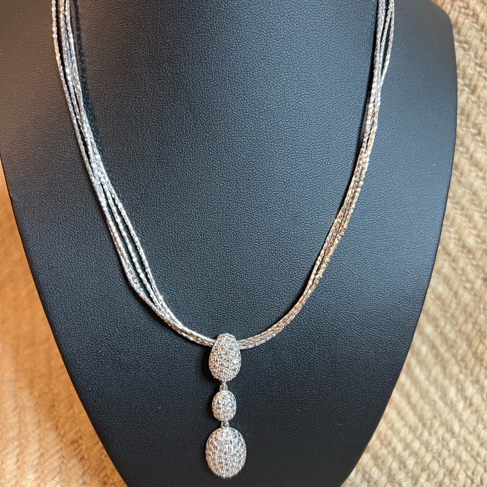 Multi strand Sparkling Necklace with Pendant, Sterling Silver 925